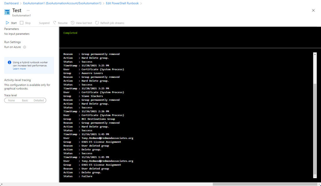 The runbook finishes and displays results   Azure Automation