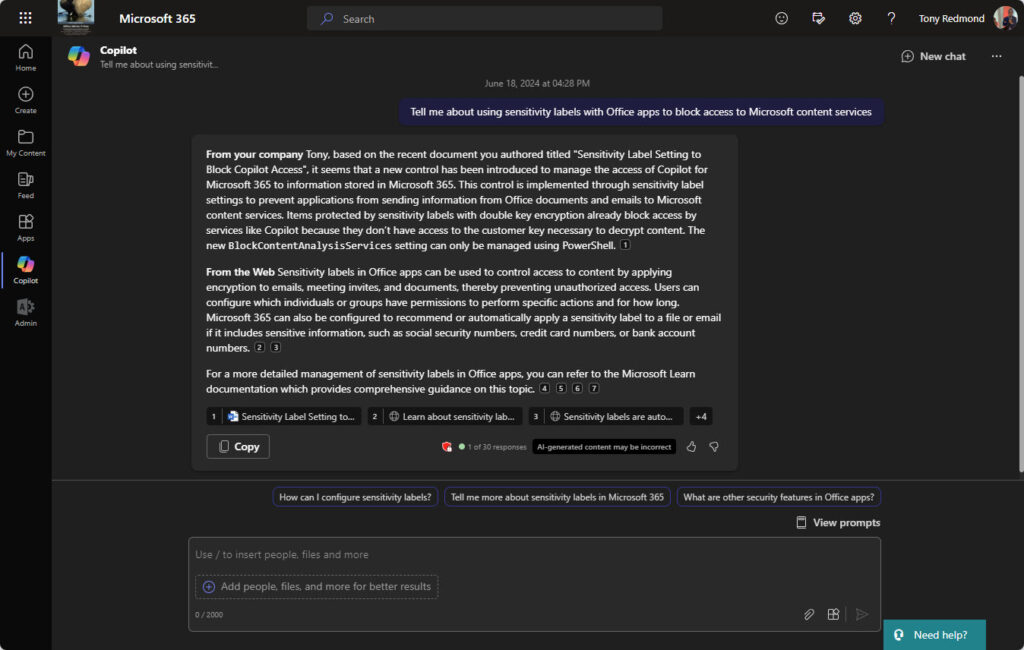 Copilot for Microsoft 365 chat can use labeled documents