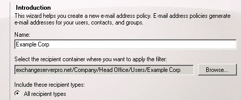 Select recipient container for new email address policy