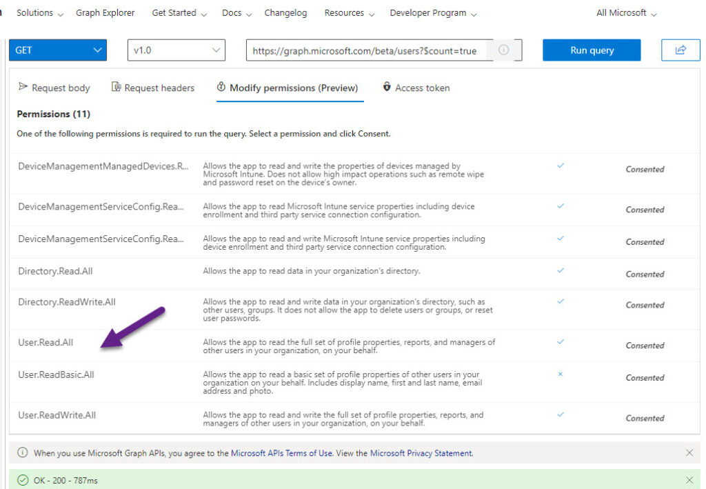 The Graph Explorer lists the Graph permissions needed for an action