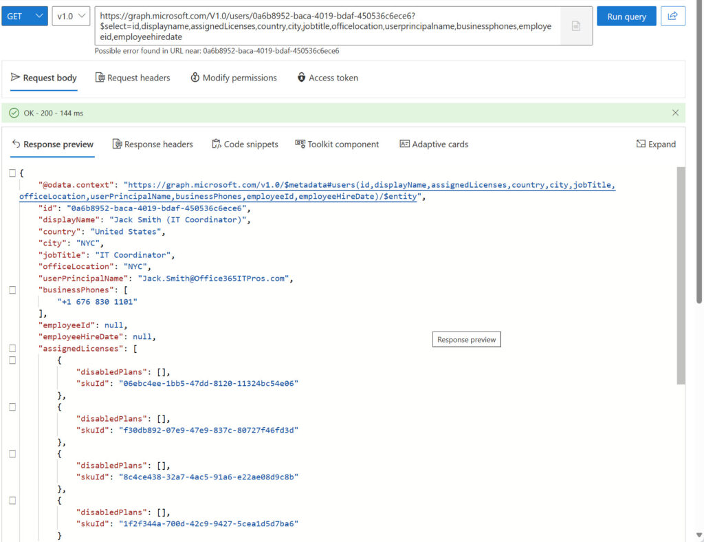 Running a query with the Graph Explorer.