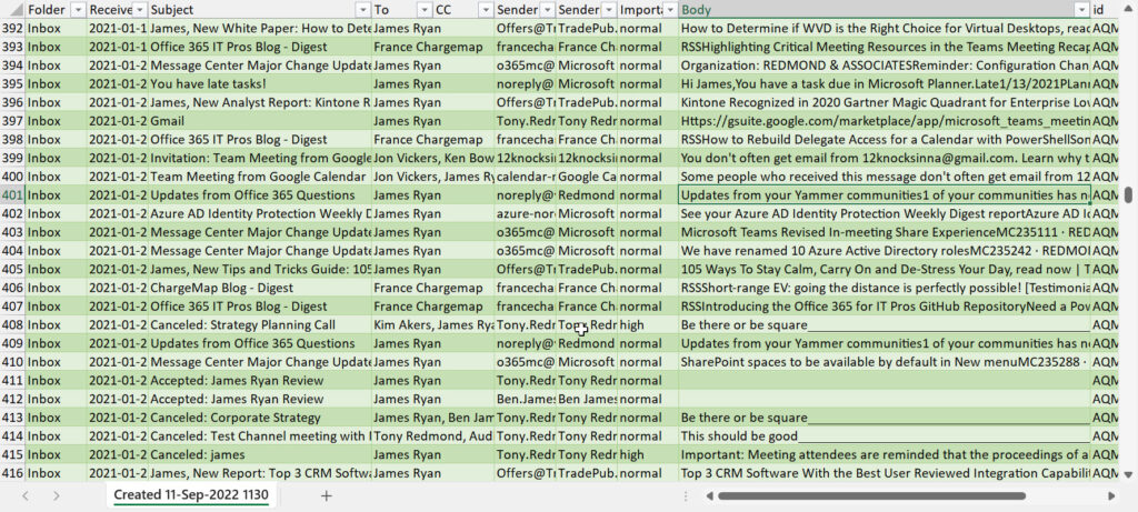 Viewing a report of mailbox contents in an Excel workbook