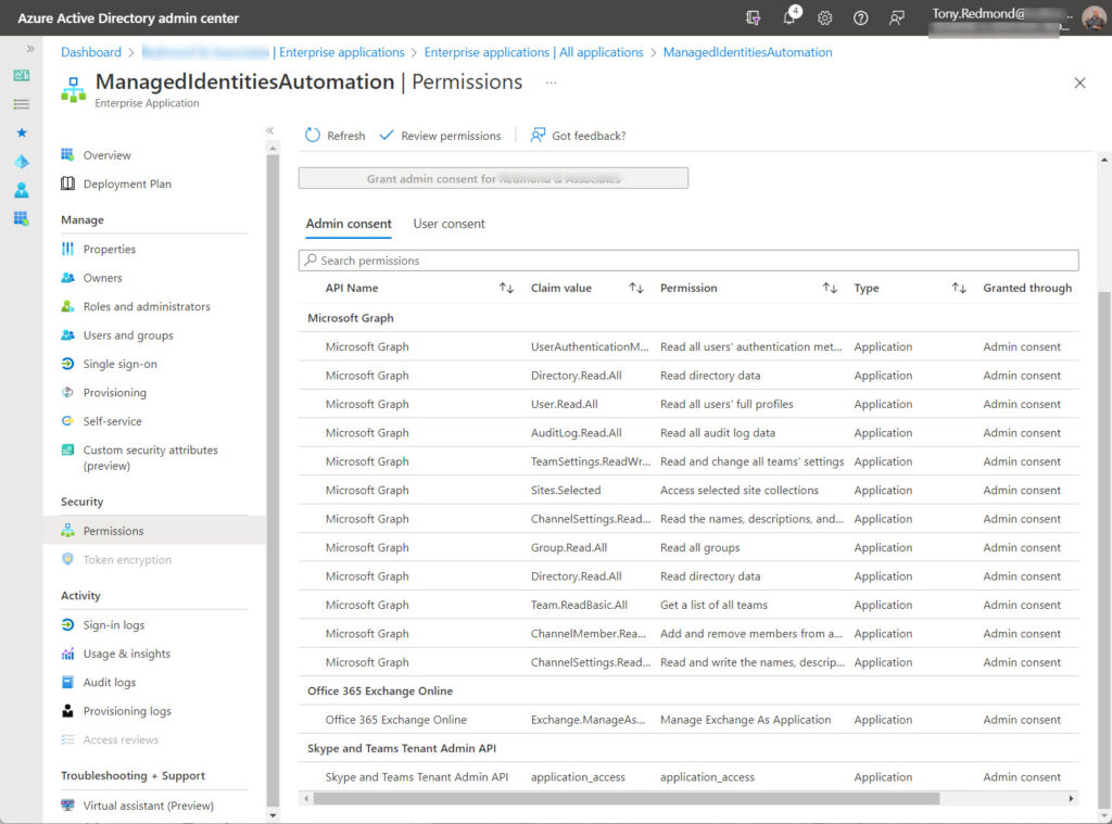 The permissions for a Service Principal for a Managed Identity