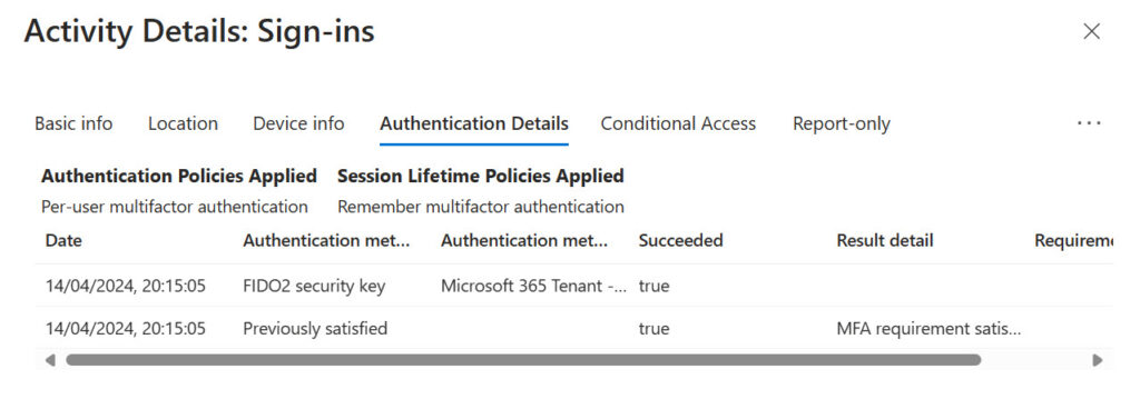 Entra ID sign-in record using a passkey.