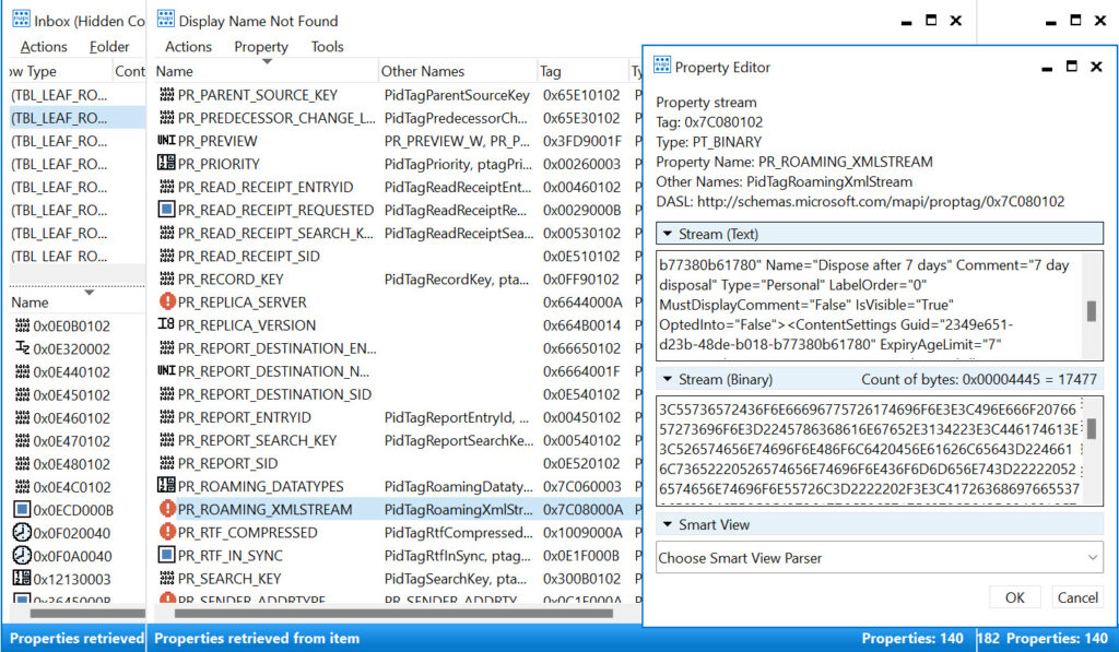 The FAI containing retention tag details as viewed through MFCMAPI