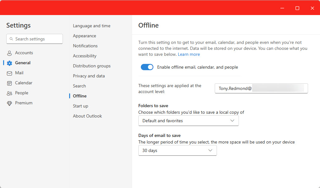 Offline settings for the new Outlook for Windows.