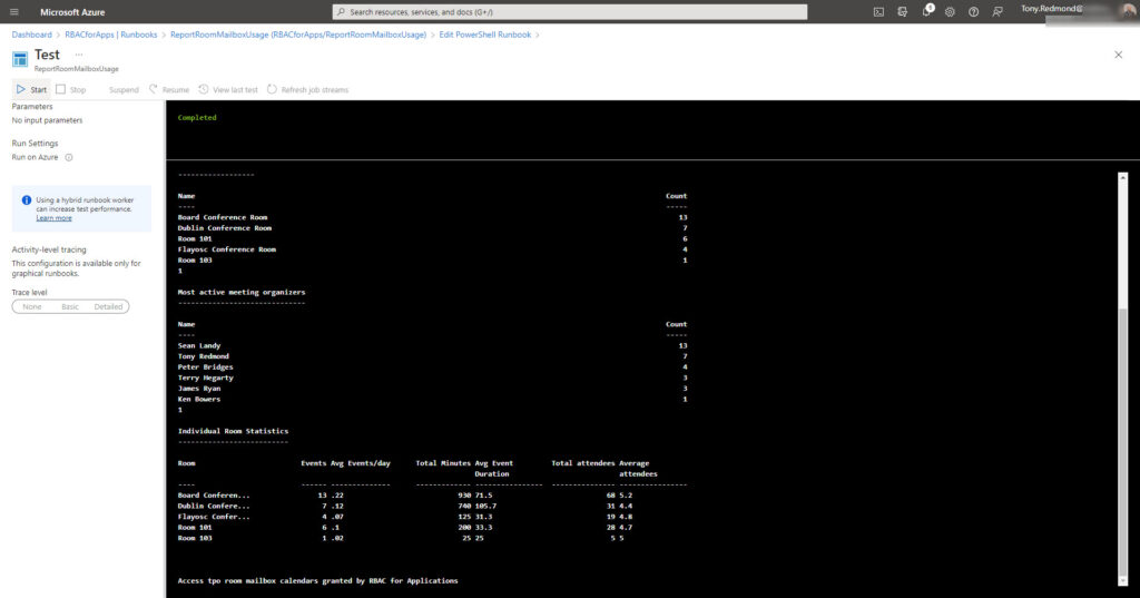 The Azure Automation runbook processes room mailbox calendars