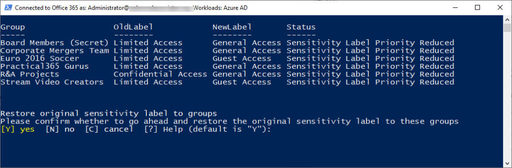 Deciding whether to restore the original sensitivity labels to containers