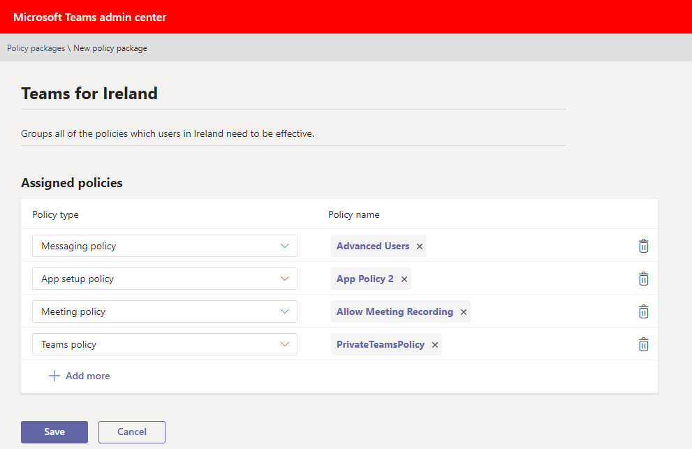Configuring a Teams policy package
