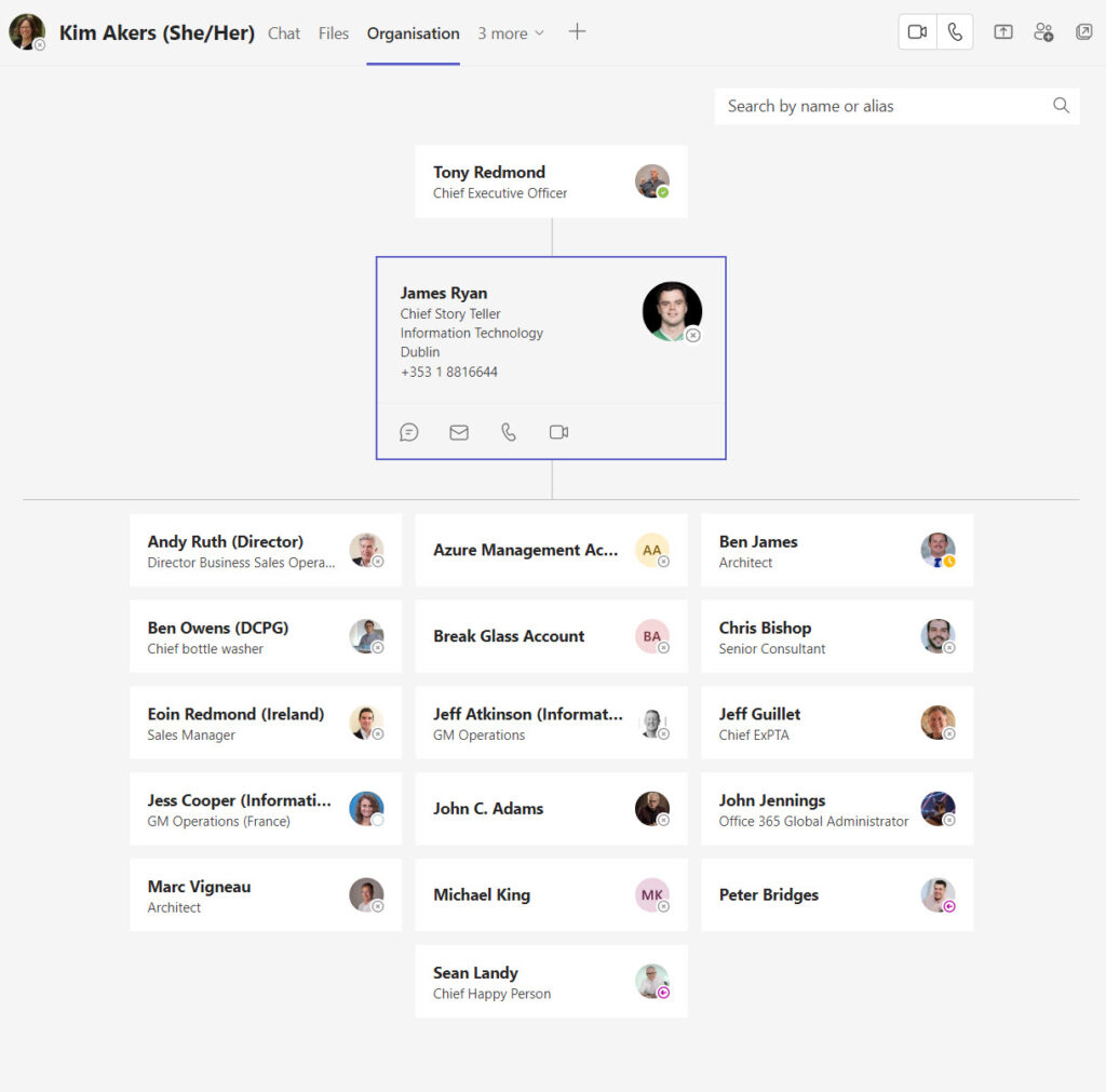 Organization chart based on Azure AD manager-employee links shown in Teams