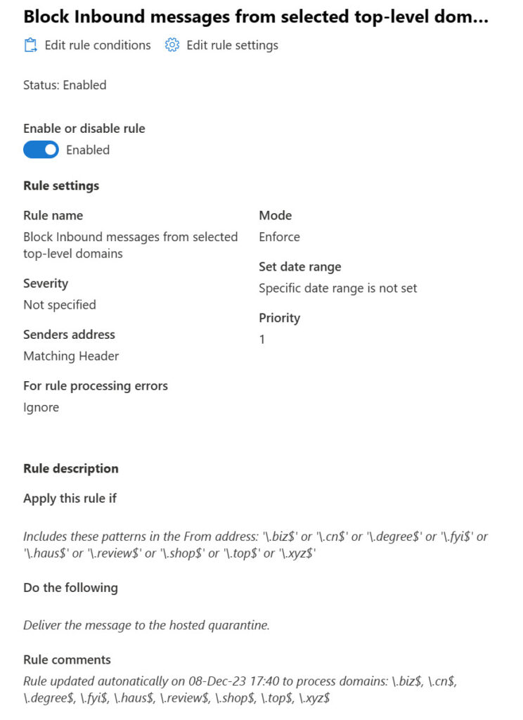 Exchange mail flow rule to block messages from TLDs.