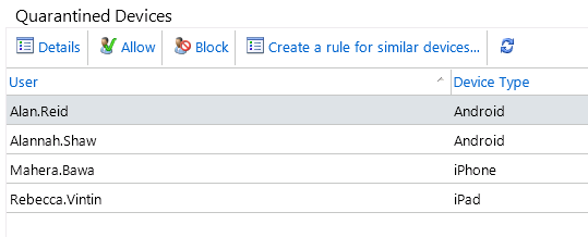 Quarantined ActiveSync devices