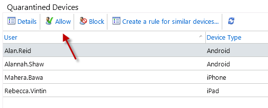 Allowing a quarantined ActiveSync device