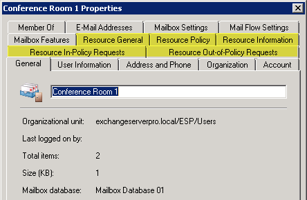 Exchange Server 2010 Room Mailbox Properties