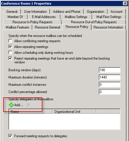 Exchange Server 2010 Room Mailbox Delegates