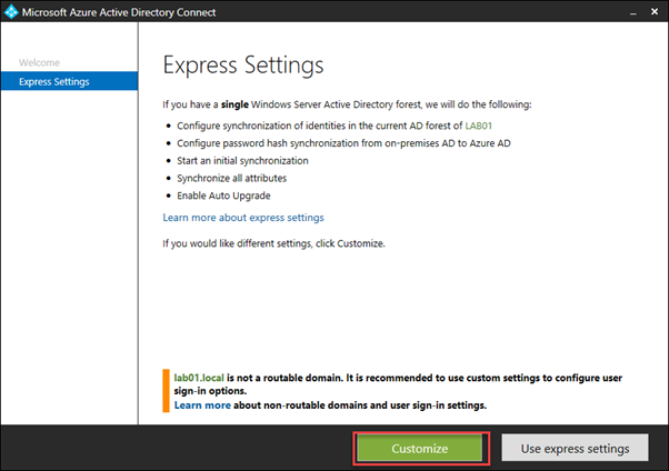 Azure AD Connect Express Settings