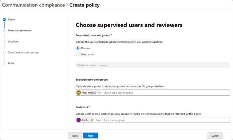 Choose supervised users and reviewers