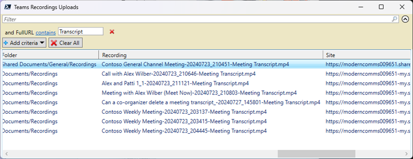 Figure 1: Audit records for Teams meeting recordings and transcripts, filtered to transcripts.